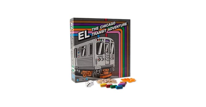Board game box with an illustration of a train on the front and different colored train lines around the box