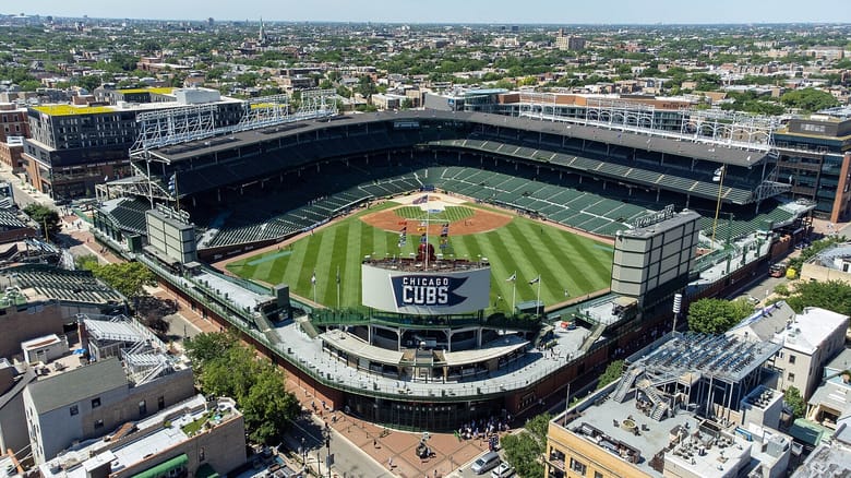 Aerial image of Wrigley Field from the back showing the field and the stands.
